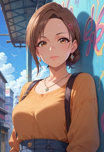 idolmaster,sasaki_chie,patchwork graffiti top,dolphin shorts  - AI generated anime art