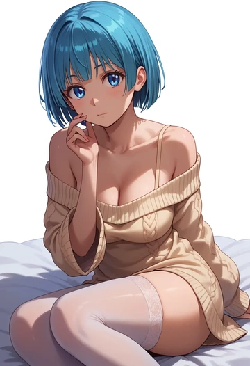 toaru_majutsu_no_index,saten_ruiko,cross-legged,Head resting on hand,off-shoulder,sweater  - AI generated anime art