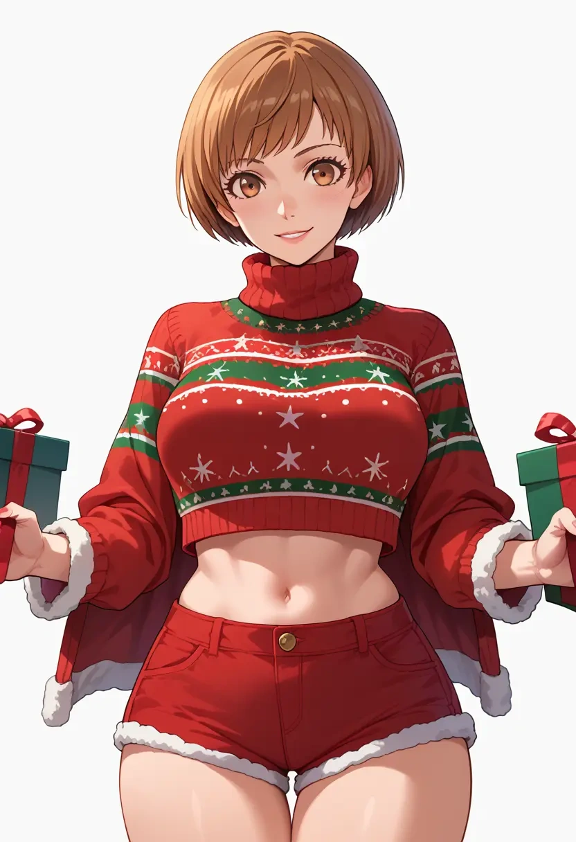 persona,satonaka_chie,Christmas,red velvet shorts,turtleneck sweater  - 