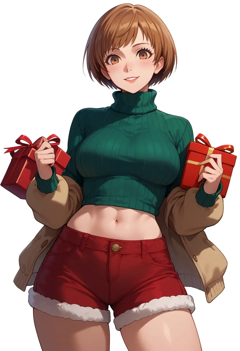 persona,satonaka_chie,Christmas,red velvet shorts,turtleneck sweater  - 