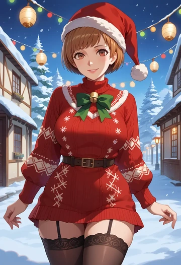 persona,satonaka_chie,sweater,stockings,Thigh garters  - AI generated anime art