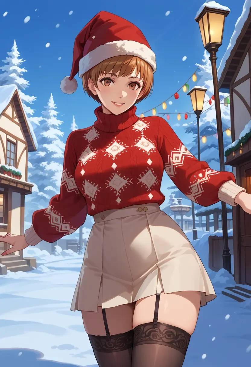 persona,satonaka_chie,sweater,stockings,Thigh garters  - 