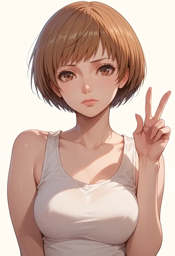 persona,satonaka_chie,abstract print tank,dolphin shorts  - AI generated anime art