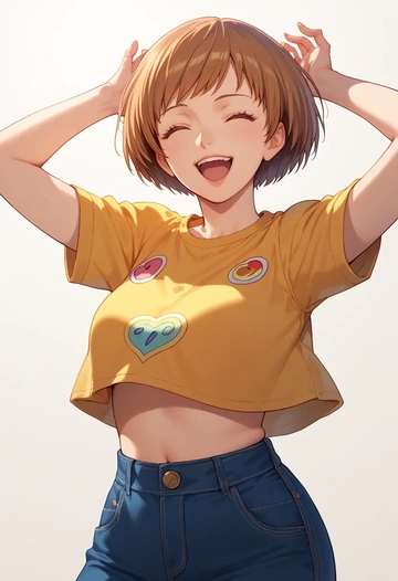 persona,satonaka_chie,crop top,loose joggers,headset  - AI generated anime art