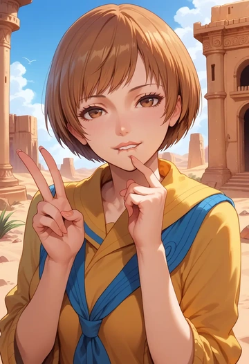 persona,satonaka_chie,graphic tee,dolphin shorts  - AI generated anime art