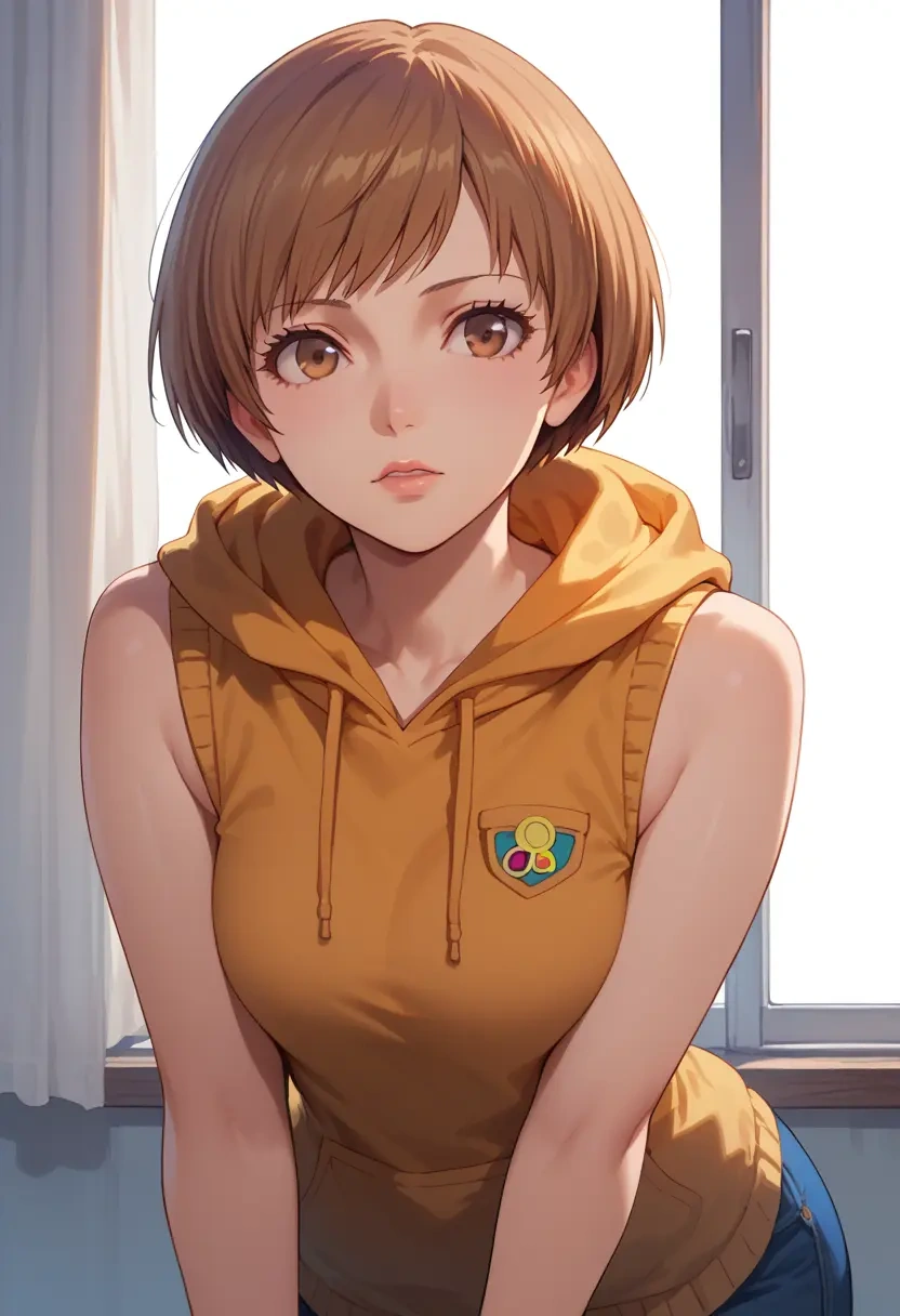 persona,satonaka_chie,sleeveless hoodie,biker shorts  - 