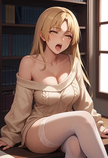 kantai_collection,satsuki_(kancolle),Yawning,off-shoulder,sweater,stockings  - AI generated anime art