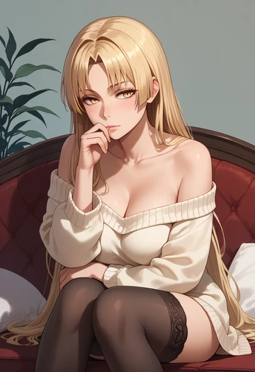 kantai_collection,satsuki_(kancolle),cross-legged,Head resting on hand,off-shoulder,sweater  - AI generated anime art