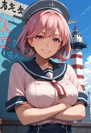 kantai_collection,sazanami_(kancolle),striped graffiti blouse,dolphin shorts  - AI generated anime art