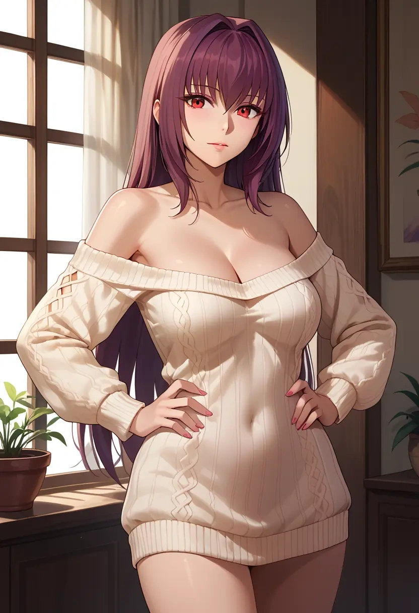 fate_(series),scathach_(fate),Hands on hips,off-shoulder,sweater  - 