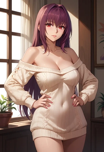 fate_(series),scathach_(fate),Hands on hips,off-shoulder,sweater  - AI generated anime art