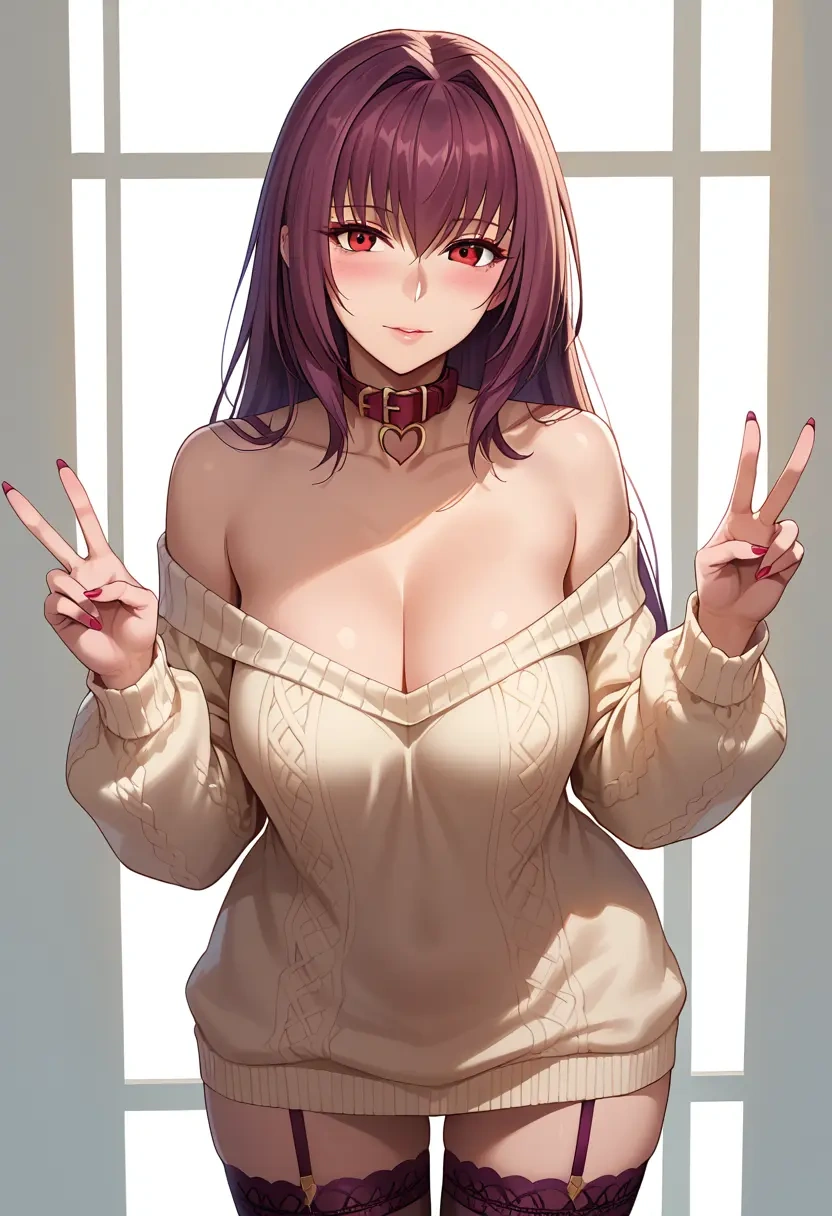 fate_(series),scathach_(fate),blushing,collar,off-shoulder,sweater,stockings  - 