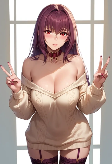 fate_(series),scathach_(fate),blushing,collar,off-shoulder,sweater,stockings  - AI generated anime art