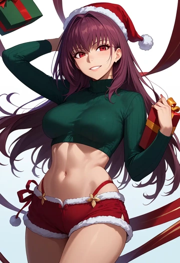 fate_(series),scathach_(swimsuit_assassin)_(fate),Christmas,red velvet shorts,turtleneck sweater  - AI generated anime art