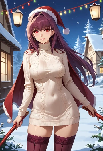 fate_(series),scathach_(swimsuit_assassin)_(fate),Christmas,sweater dress,stockings  - AI generated anime art