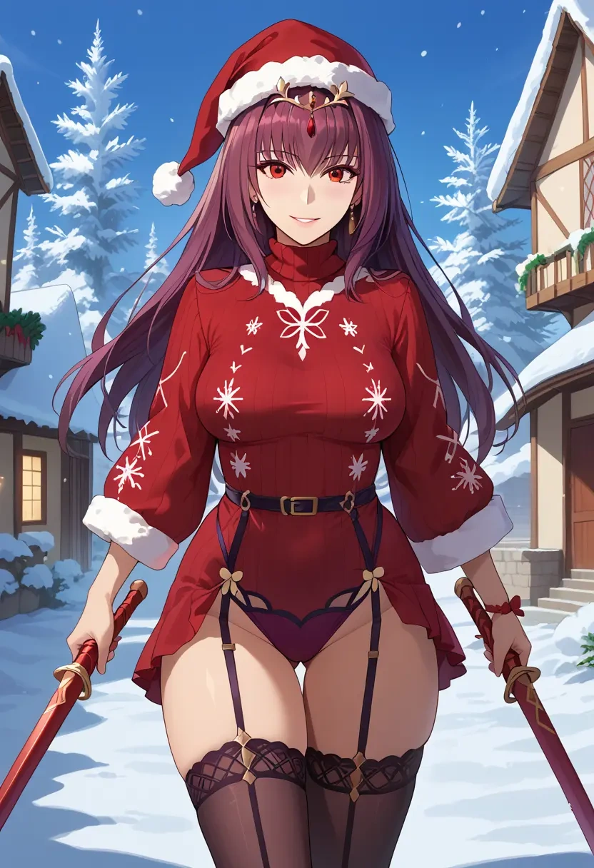 fate_(series),scathach_(swimsuit_assassin)_(fate),sweater,stockings,Thigh garters  - 