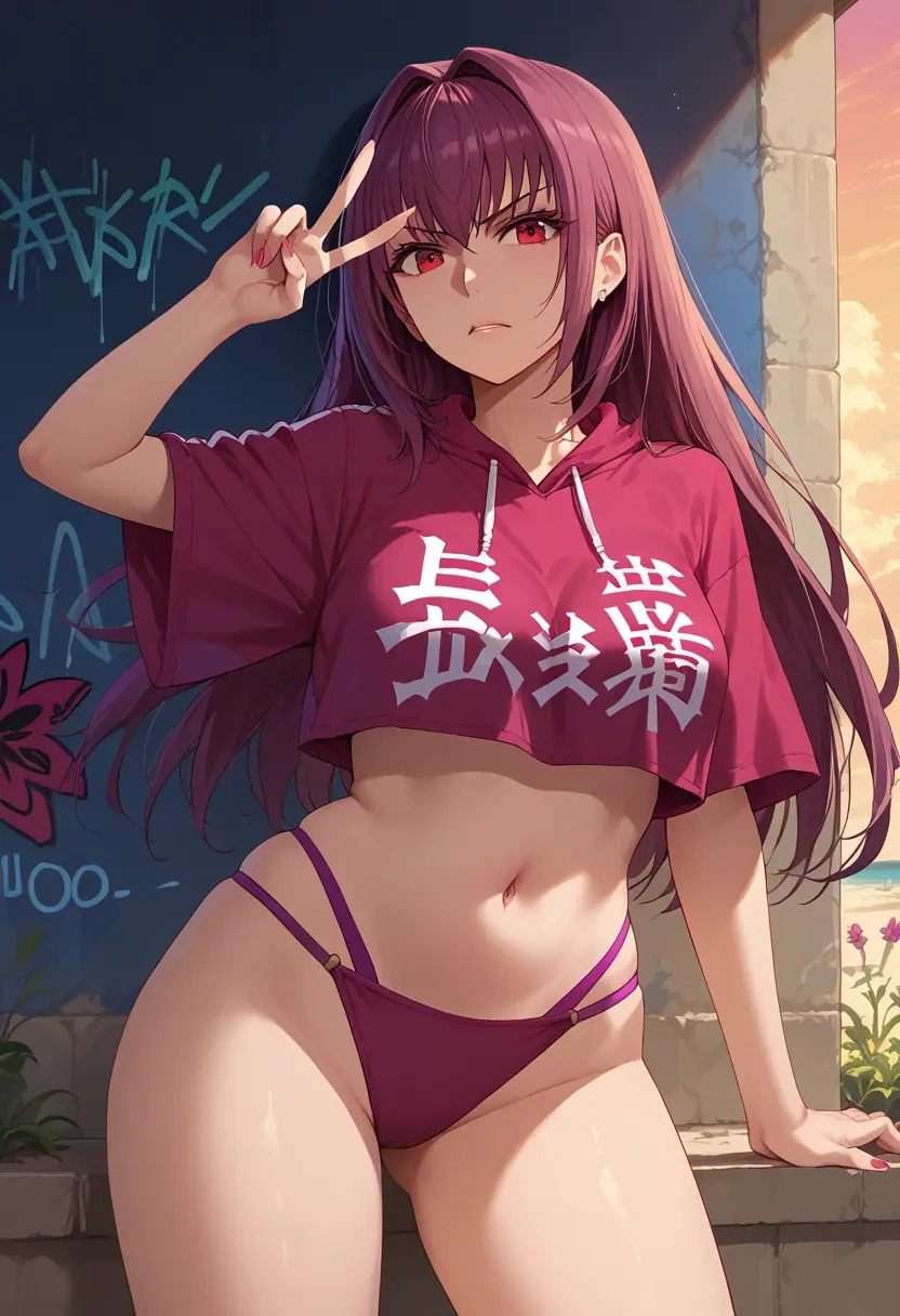 fate_(series),scathach_(swimsuit_assassin)_(fate),cropped graffiti sweatshirt,dolphin shorts  - 