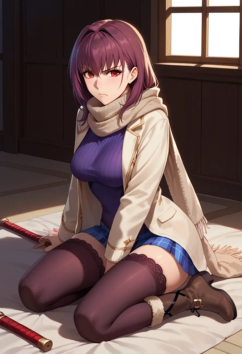 fate_(series),scathach_(swimsuit_assassin)_(fate),winter,student uniform,down jacket  - 