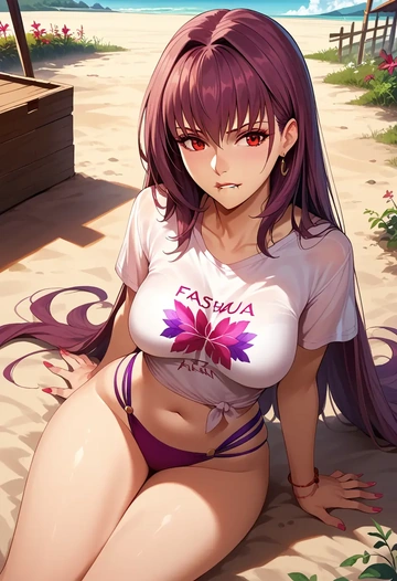 fate_(series),scathach_(swimsuit_assassin)_(fate),handwritten script shirt,dolphin shorts  - AI generated anime art