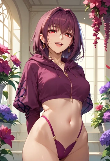 fate_(series),scathach_skadi_(fate),crop hoodie,shorts  - AI generated anime art