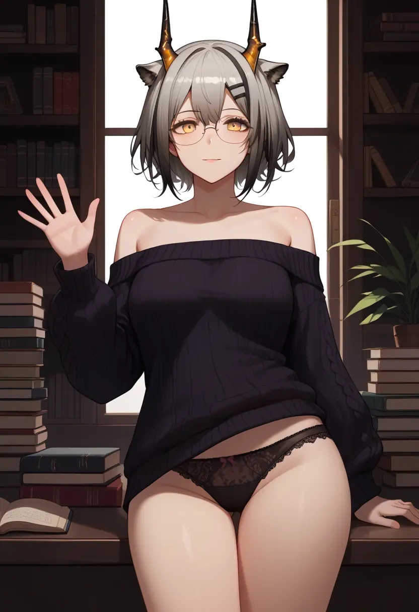 arknights,schwarz_(arknights),sweater,panties,off-shoulder,glasses,sexy  - 