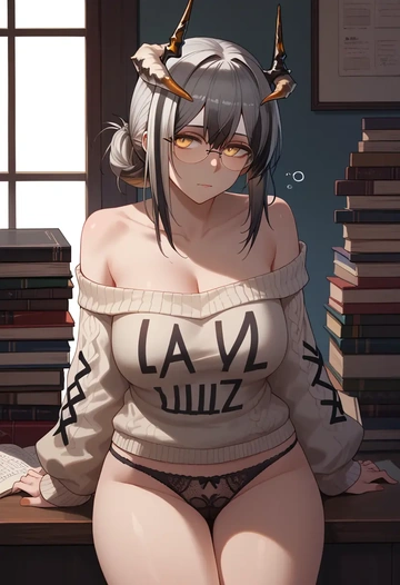 arknights,schwarz_(arknights),sweater,panties,off-shoulder,glasses,sexy  - AI generated anime art