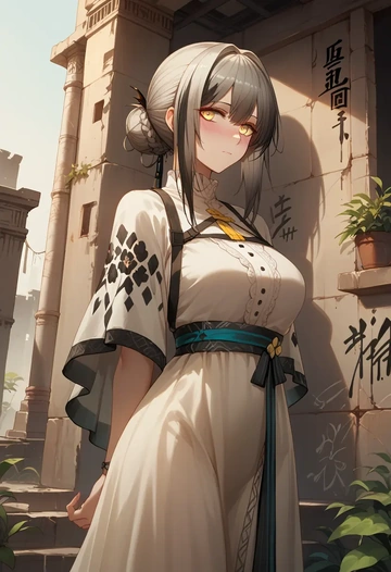 arknights,schwarz_(arknights),floral graffiti blouse,dolphin shorts  - AI generated anime art