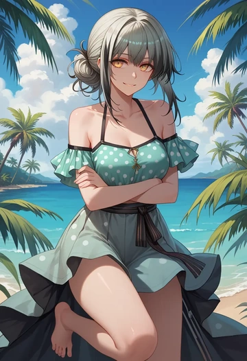 arknights,schwarz_(arknights),silk slip dress,polka dots  - AI generated anime art