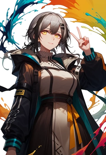 arknights,schwarz_(arknights),paint-splatter blouse,dolphin shorts  - AI generated anime art