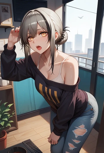 arknights,schwarz_(arknights),sweater,off-shoulder,ripped jeans  - AI generated anime art