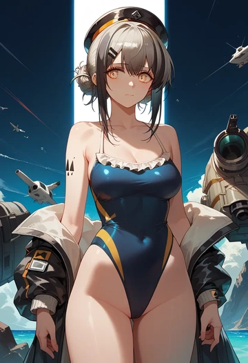 arknights,schwarz_(arknights),retro style swimsuit,frilled neckline,bow detail  - AI generated anime art