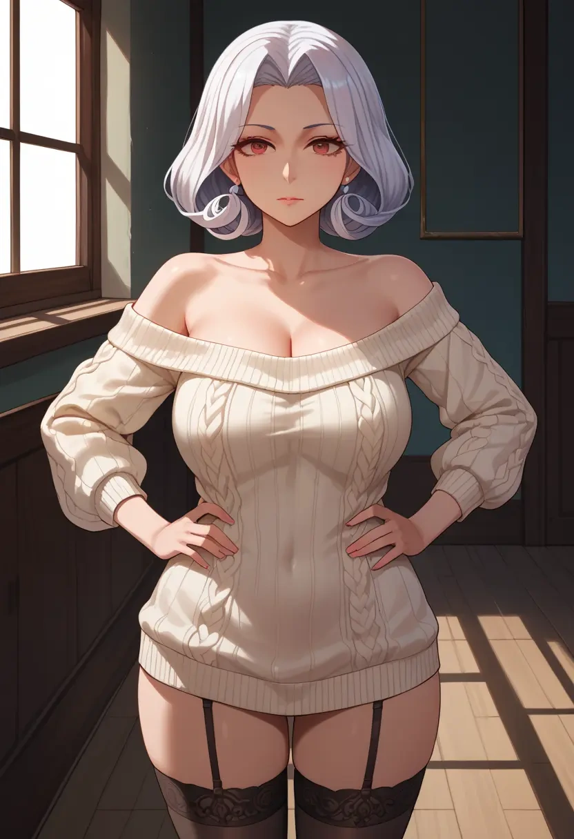 kantai_collection,seaport_princess,Hands on hips,off-shoulder,sweater,stockings  - 