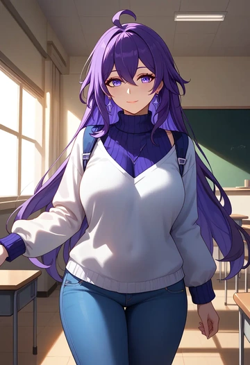 star rail,seele,teacher, sweater, jeans shorts  - AI generated anime art