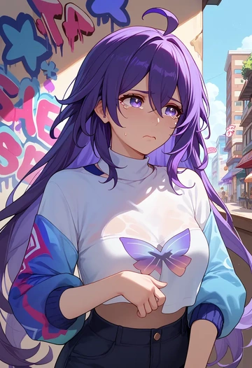 star rail,seele,cropped graffiti sweatshirt,dolphin shorts  - AI generated anime art