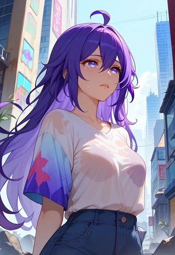 star rail,seele,tie-dye shirt,dolphin shorts  - AI generated anime art