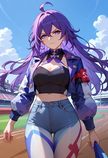 star rail,seele,denim jacket,cropped,leather leggings  - AI generated anime art