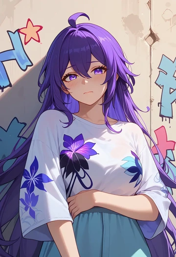 star rail,seele,oversized graffiti shirt,dolphin shorts  - AI generated anime art