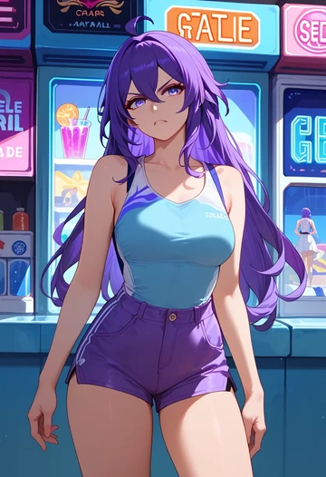 star rail,seele,sleeveless swim top,shorts-style bottom,contrast stitching  - AI generated anime art