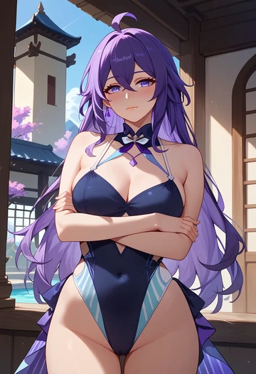 star rail,seele,racerback swimsuit,striped trim,name tag patch  - AI generated anime art