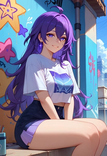 star rail,seele,crop graffiti tee,dolphin shorts  - AI generated anime art