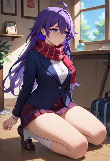 star rail,seele,winter,student uniform,plaid skirt  - AI generated anime art