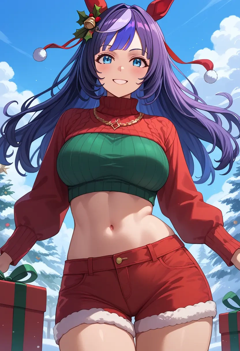 umamusume,seiun_sky_(umamusume),Christmas,red velvet shorts,turtleneck sweater  - 