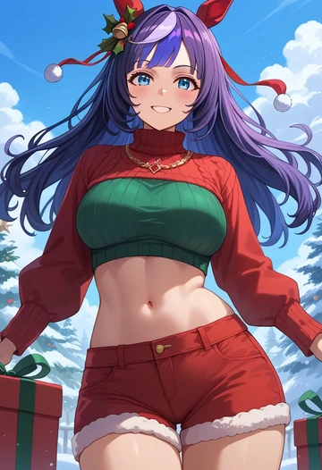 umamusume,seiun_sky_(umamusume),Christmas,red velvet shorts,turtleneck sweater  - AI generated anime art