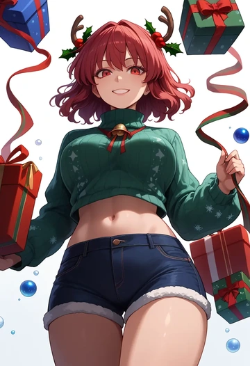 touhou,sekibanki,Christmas,red velvet shorts,turtleneck sweater  - AI generated anime art