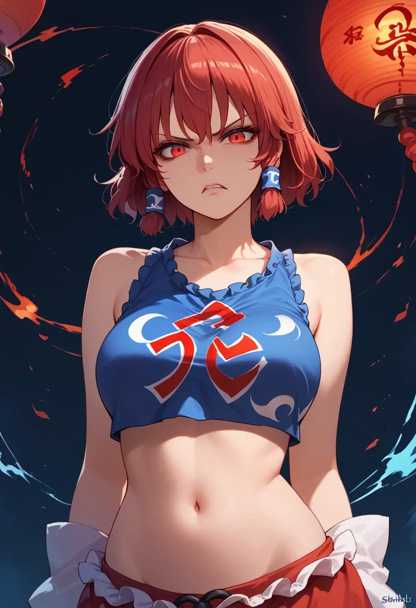 touhou,sekibanki,crop top,athletic shorts  - 