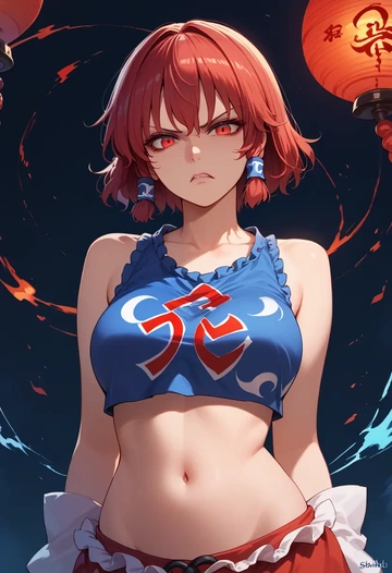 touhou,sekibanki,crop top,athletic shorts  - AI generated anime art