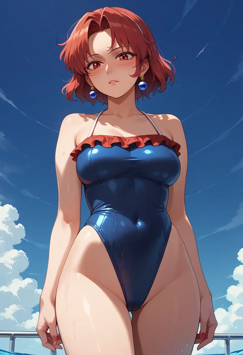 touhou,sekibanki,retro style swimsuit,frilled neckline,bow detail  - 