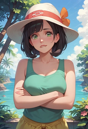 pokemon,selene_(pokemon),tank top,mesh,cycling shorts  - AI generated anime art