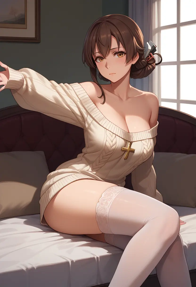 kantai_collection,sendai_(kancolle),cross-legged,off-shoulder,sweater,stockings  - 