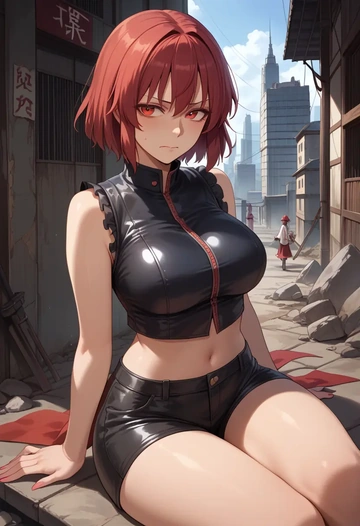 touhou,sendai_hakurei_no_miko,leather,shorts,crop top  - AI generated anime art